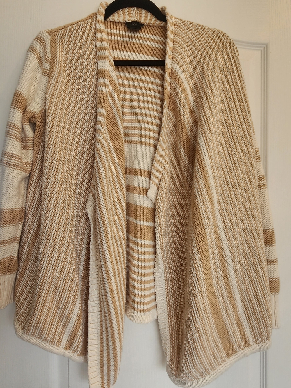 Ann Taylor Factory Beige and Cream Open-Front Knit Cardigan L Euc